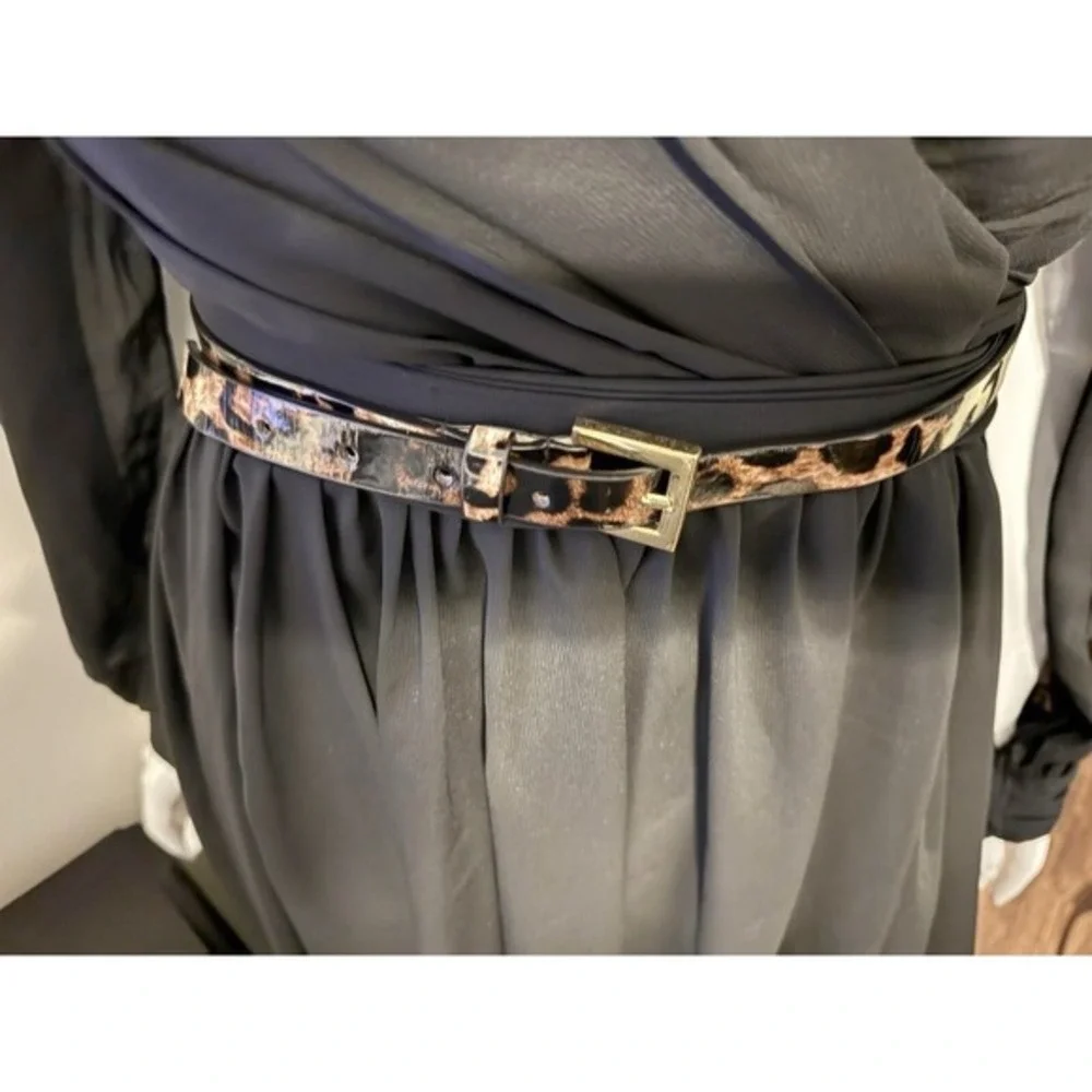 WCM Leopard Print Patent Leather Lined Belt Gold Buckle Brown Black M Chic 47-69